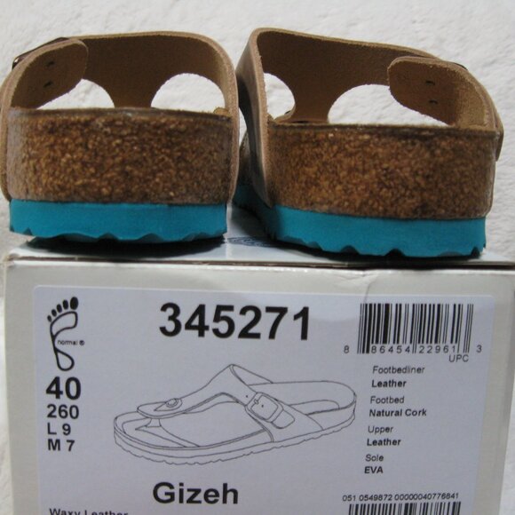 Birkenstock GIZEH Waxy Leather Tobacco Brown w/ Aqua Sole. 40 R US W 9 M 7 - Picture 6 of 13